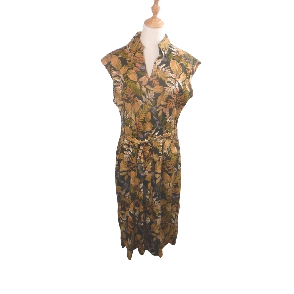 SIXDO Womens Tropical Fern Leaf Print Cotton Midi Dress Belted Green Tan Large